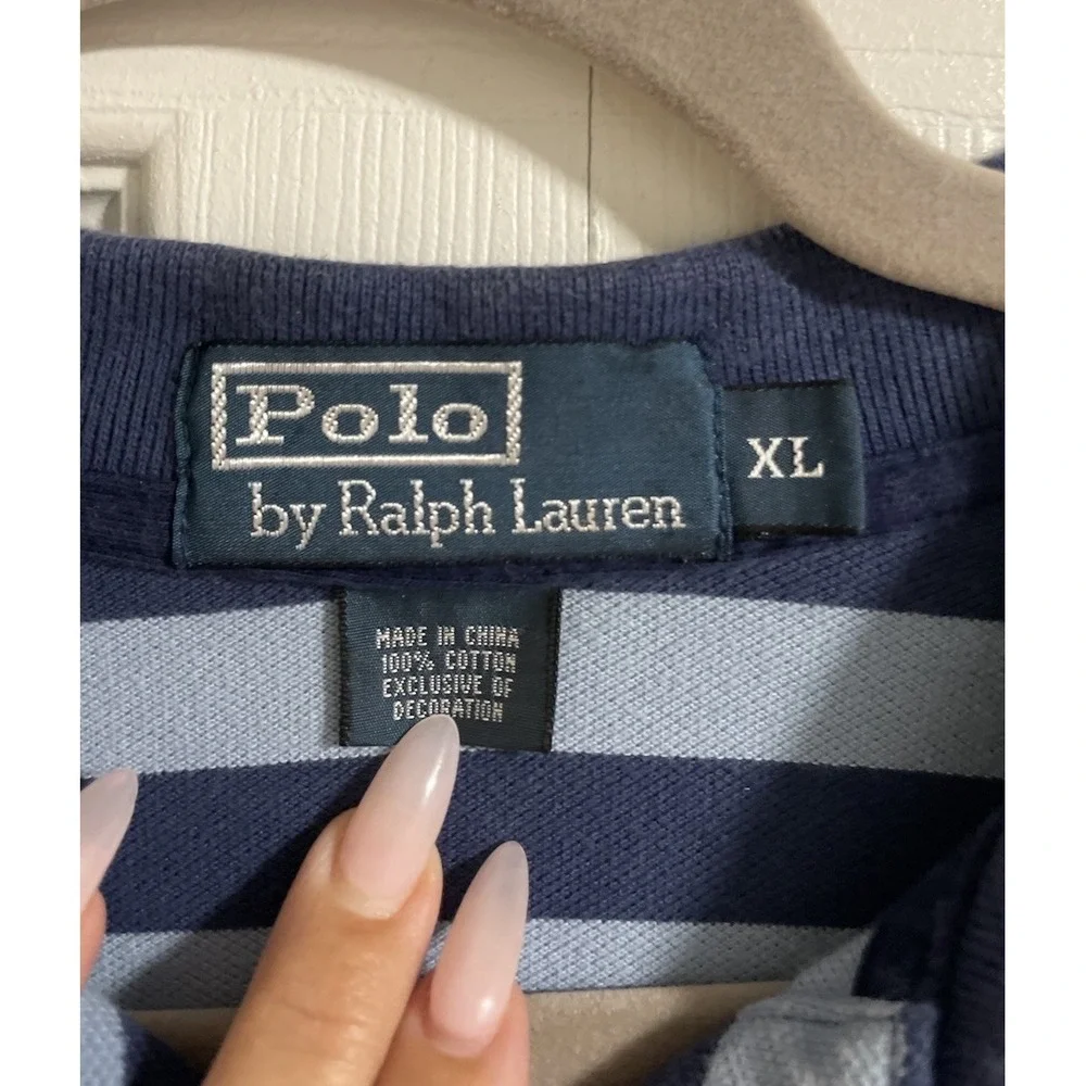 vintage polo ralph lauren Polo Shirt Men XL Navy‎ & Blue Stripped Cotton Classic